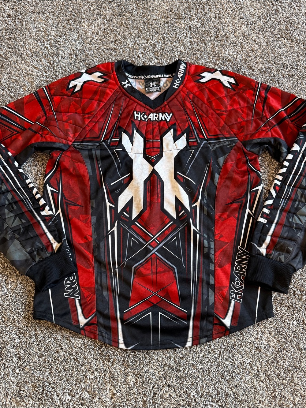 HK Army Mens Small Paintball Jersey Red Black Geometric Padded Elbows Graphic